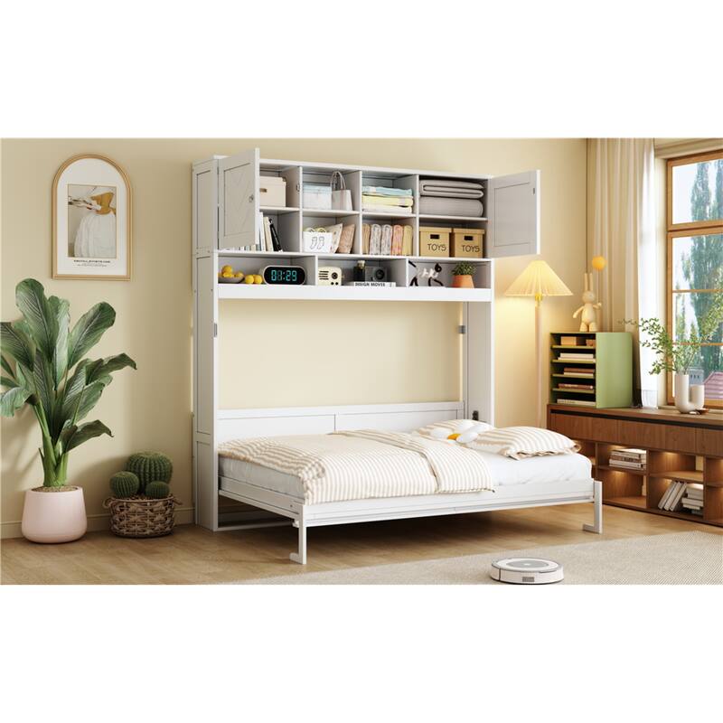 Roomfitters Queen Murphy Bed with Storage Shelves and Chevron Cabinets, Wall Mounted Space Saving Fold Down Bed System, White