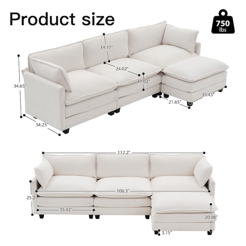 CLICKBIN Chenille Fabric Stragiht Arm L-Shaped Modular Sectional Sofa Couch with Ottoman for Living Room