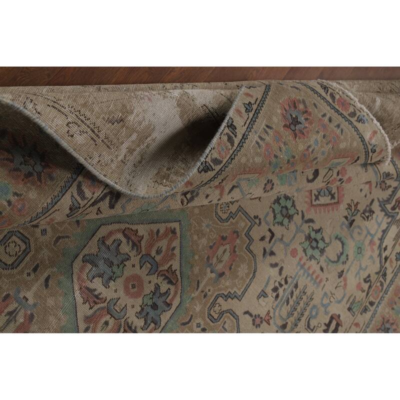 Beige Tabriz Persian Vintage Area Rug Hand-Knotted Wool Carpet - 6'6" x 9'9"