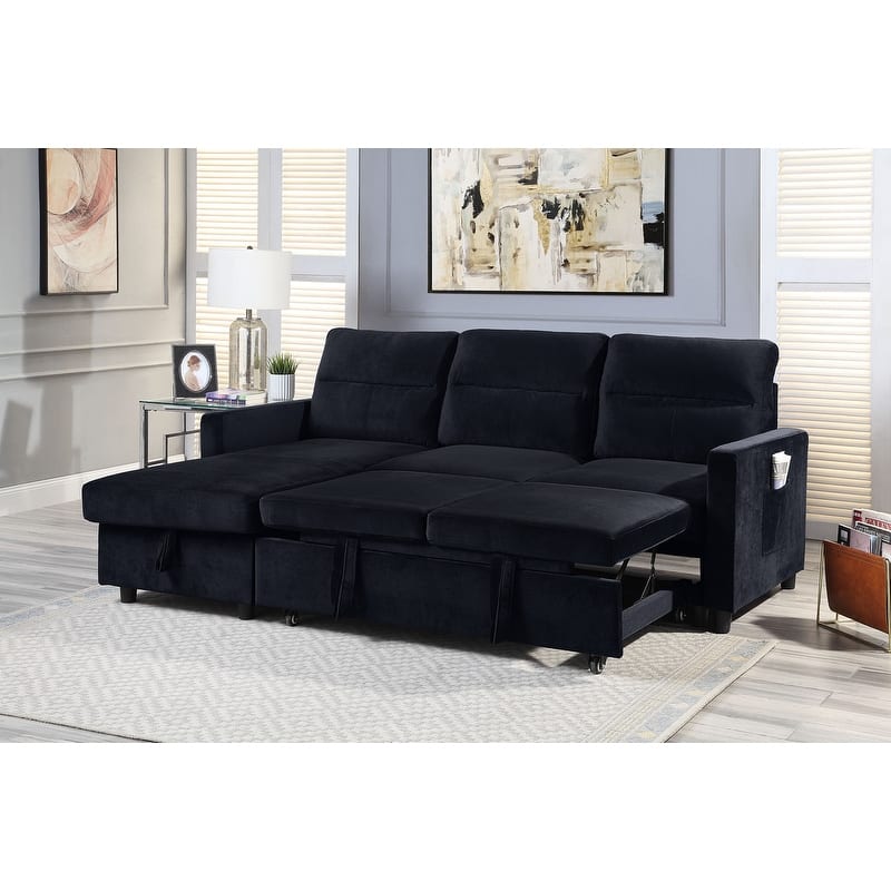 81.5" Black Velvet Sleeper Sectional Sofa with Storage Chaise & Side Pocket