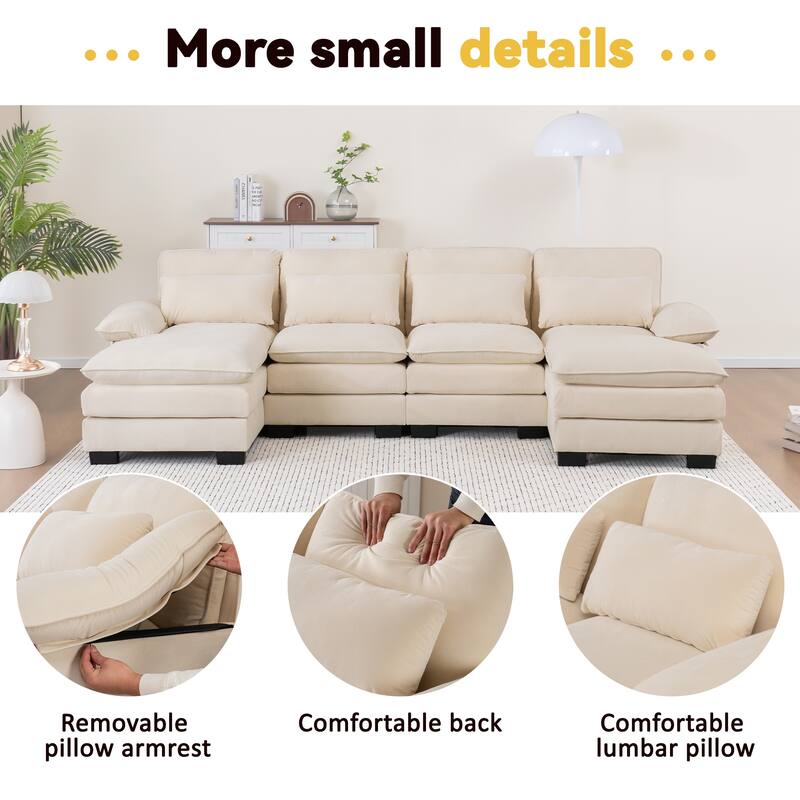 U Shape 111.8"Modern Comfort Combination Sectional Sofa,4-seat Velvet Fabric Upholstered Sofas with Chaise Lounge & Pillows