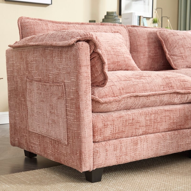 76.77" Chenille Upholstered Sofa with 2 Ottomans