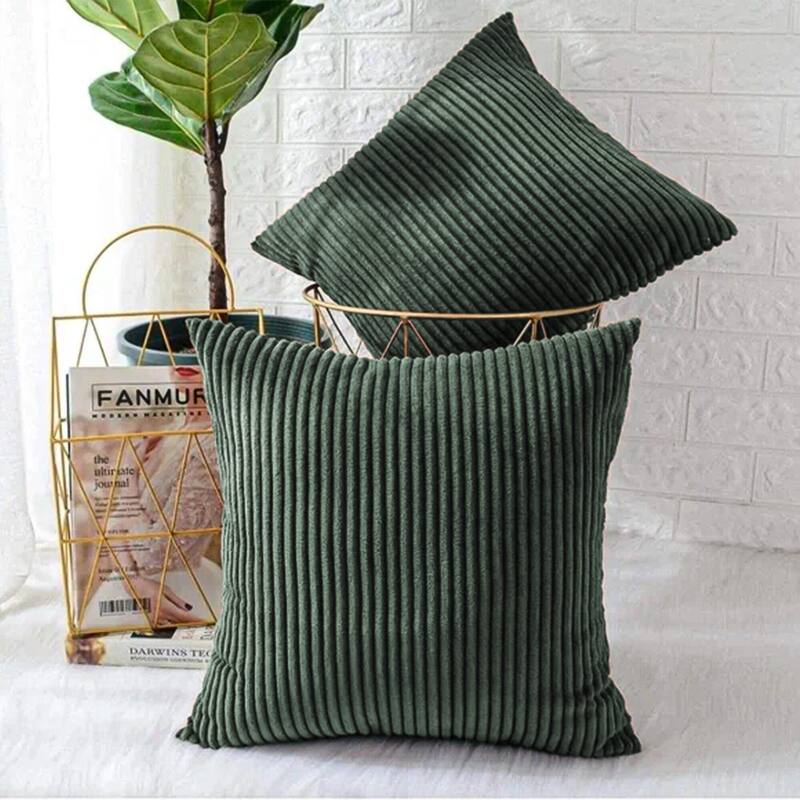 Corduroy Throw Pillow Striped Pillow for Couch Set of 2 - HUNTER GREEN