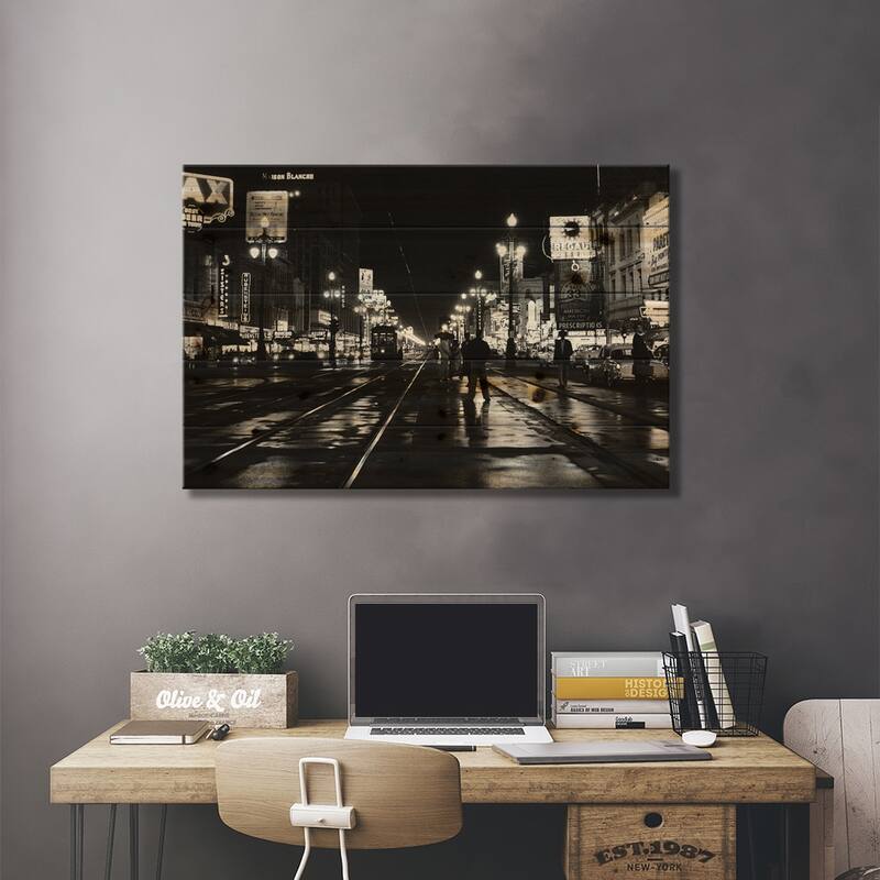 1950s Night Scene Canal Street New Orleans Louisiana USA Print On Wood by Vintage Images - Multi-Color