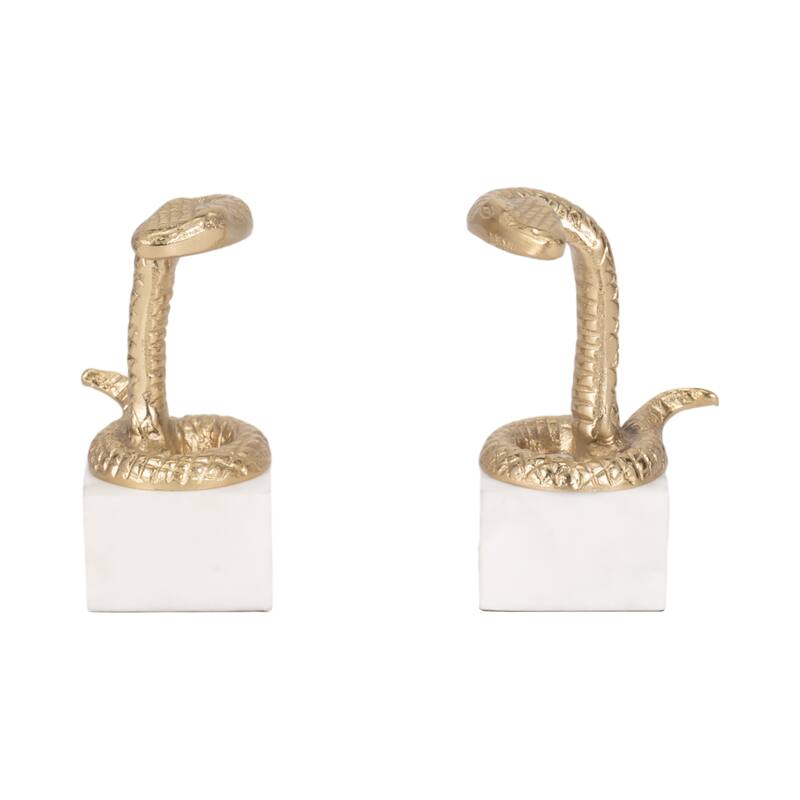 Decorative Faux Snake on Marble Base Bookends - Set of 2", 9", Gold - 9.0"