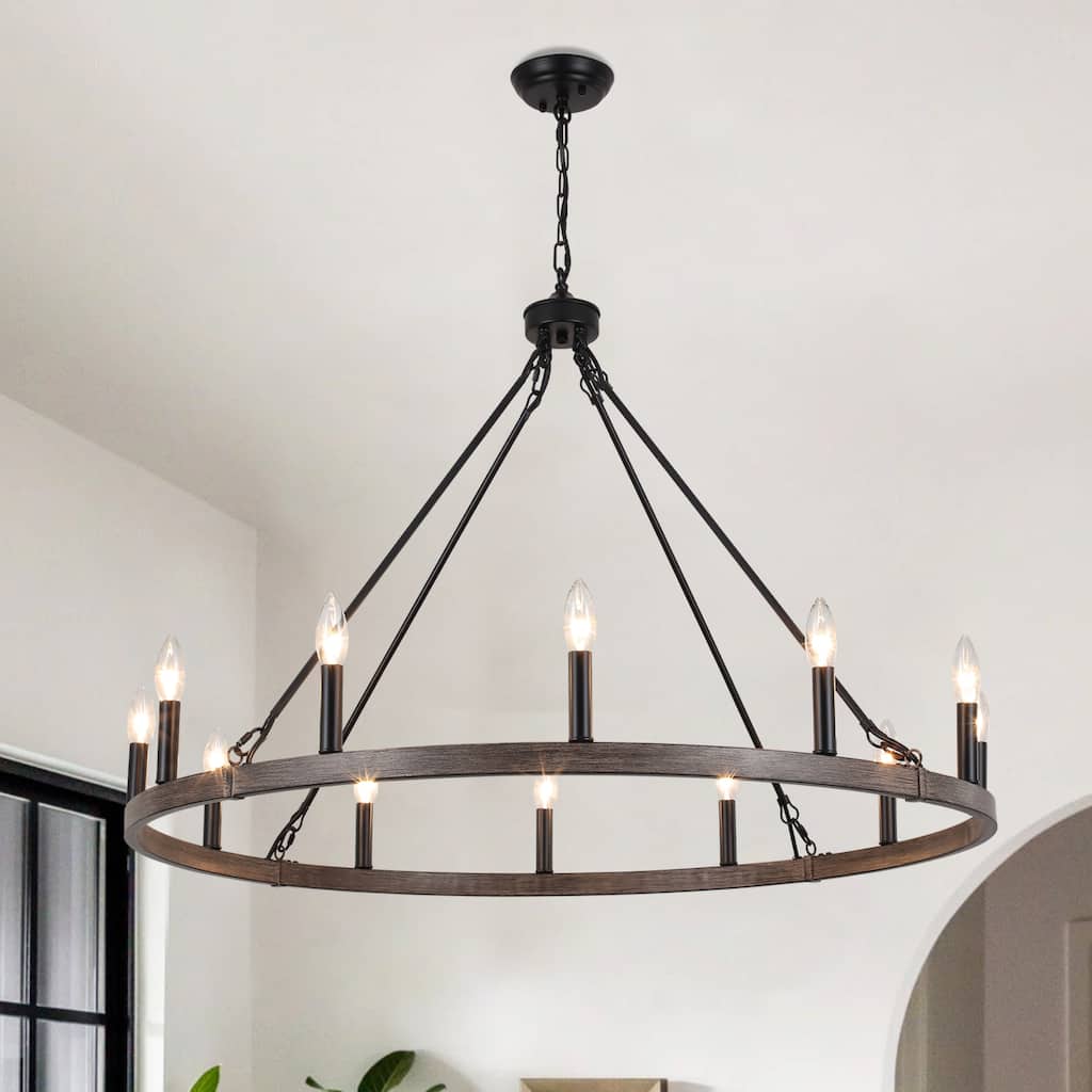 Farmhouse 12-Light Wagon Wheel Candle Style Round Chandelier for Dining Room