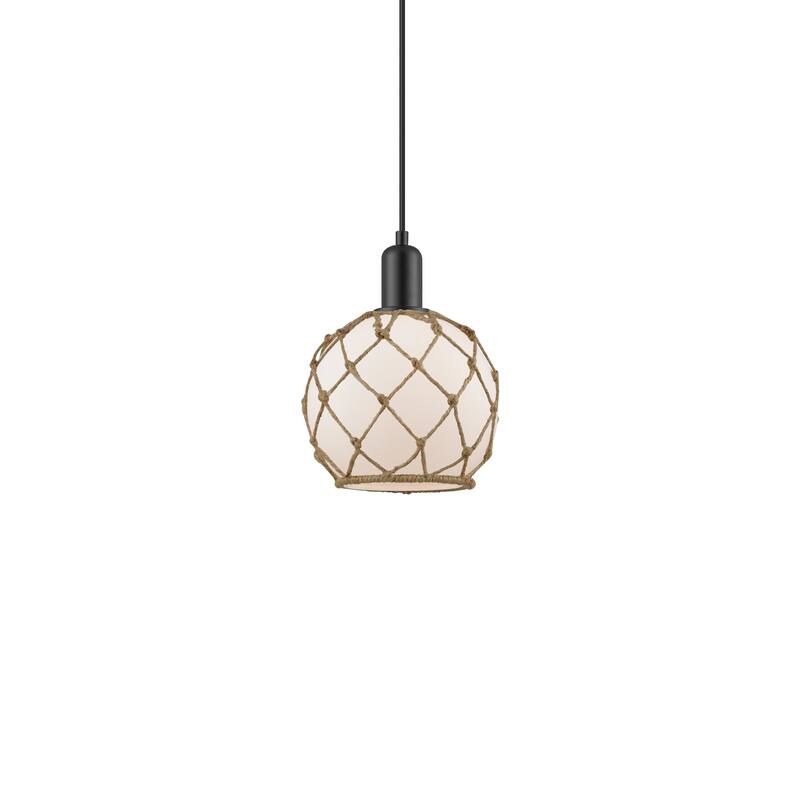 Innovations Lighting 716-1P-11-8 Farmhouse Rope Pendant Farmhouse Rope - Matte Black / White Glass with Brown Rope