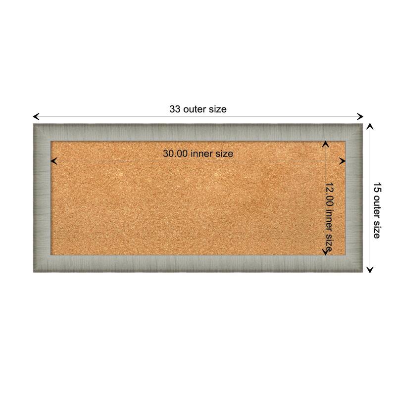 Elegant Brushed Narrow Framed Natural Corkboard Bulletin Board - Elegant Brushed Pewter Narrow - Board Size 30x12