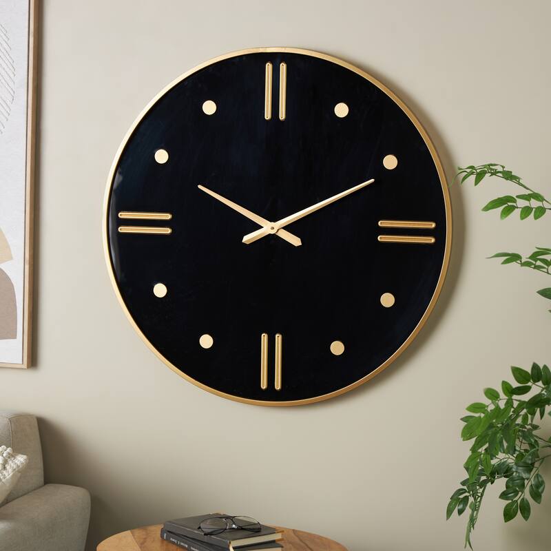 Plastic Decorative Wall Clock with Gold Hands and Numbers - Black - Roche River Decor - 1"W x 32"L x 32"H