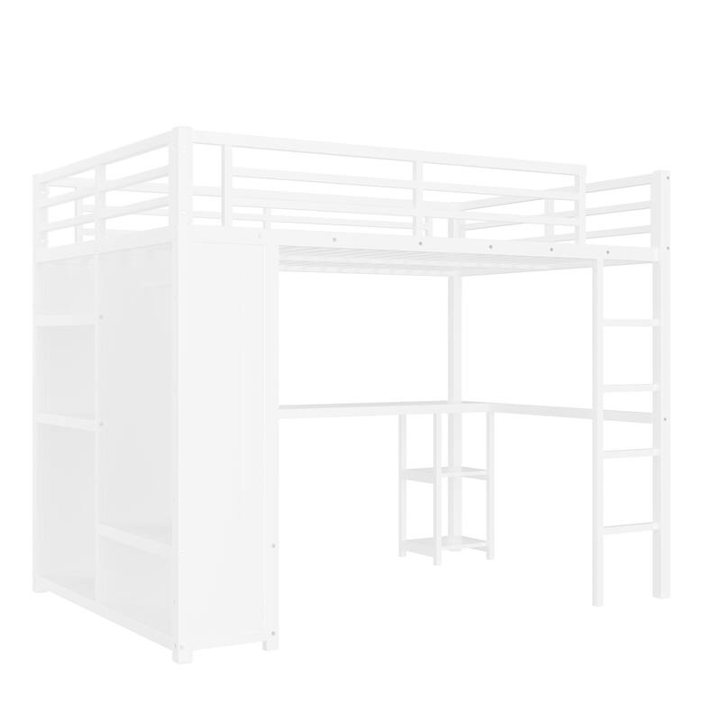Modern Queen Size Metal Loft Bed with Built-in Wardrobe, Desk and Open Shelves, Storage Bed Frame with Guardrails and Stairs