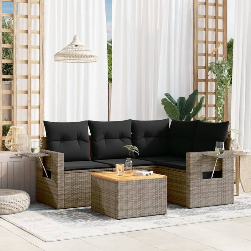 vidaXL Garden Sofa Set 5 Piece with Cushions Outdoor Sofa Set Poly Rattan - 21.7 x 21.7 x 14.6 in (W x L x H) - Grey