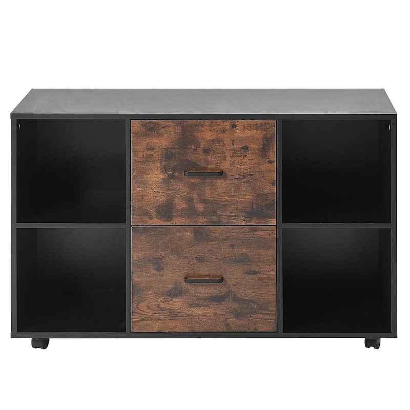 Black Particle Board 2 Drawer File Cabinet with 4 Compartments and Rolling Casters - Black