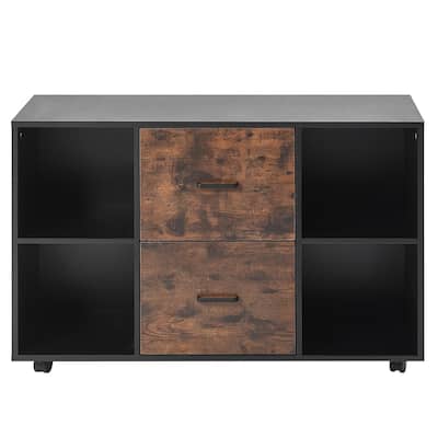 Black Particle Board 2 Drawer File Cabinet with 4 Compartments and Rolling Casters