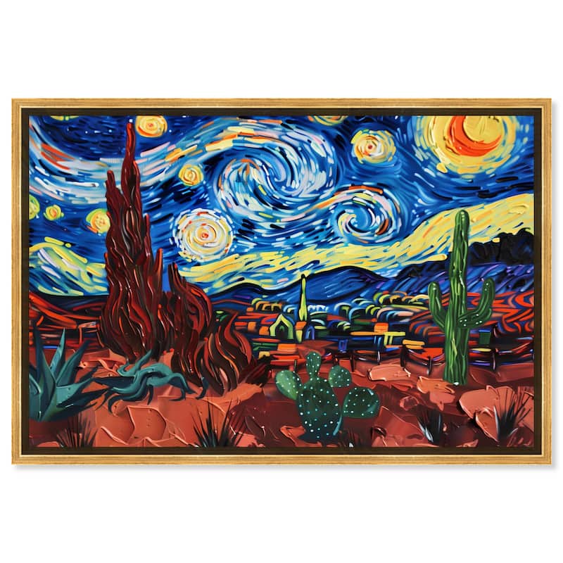 Art Remedy Desert Night Stars Framed Impressionism 1 Piece Canvas Wall Art /Monet And Van Gogh Inspired Art - 37 x 25 - Gold