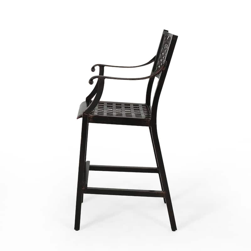 Roomfitters 2-Piece Outdoor Metal Bar Stools, Antique Bronze Cast Aluminum Patio High Dining Chairs with Floral Lattice, Black