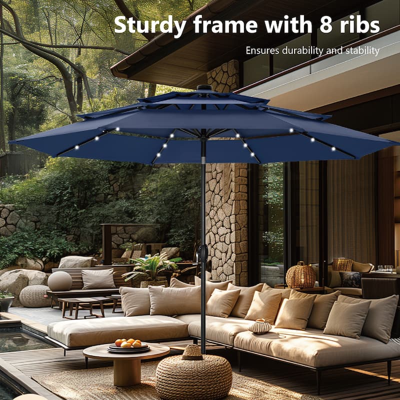 MAISON ARTS 10ft 3 Tier Auto-tilt Patio Umbrella Outdoor Double Vented Umbrella with LED Lights