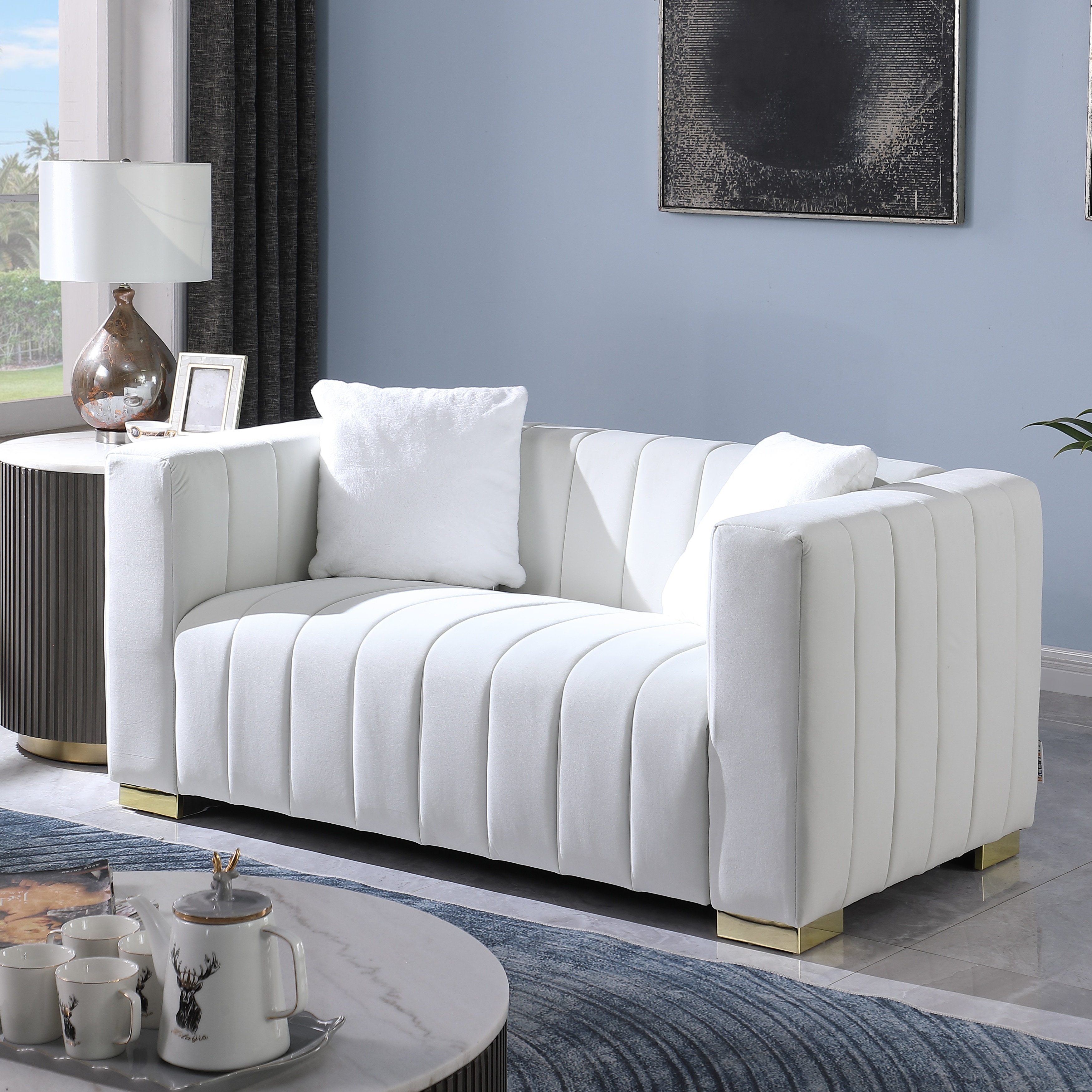 Luxurious Velvet Upholstered Sofa Couch with Plush Comfort Cushions, Loveseat Sofa Couch with Square Armrests