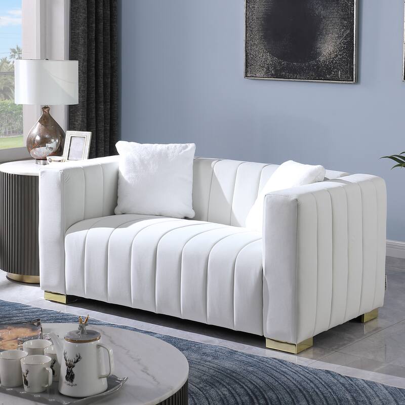 Velvet Loveseat Sofa Vertical Stripe Channel Couch with Pillows