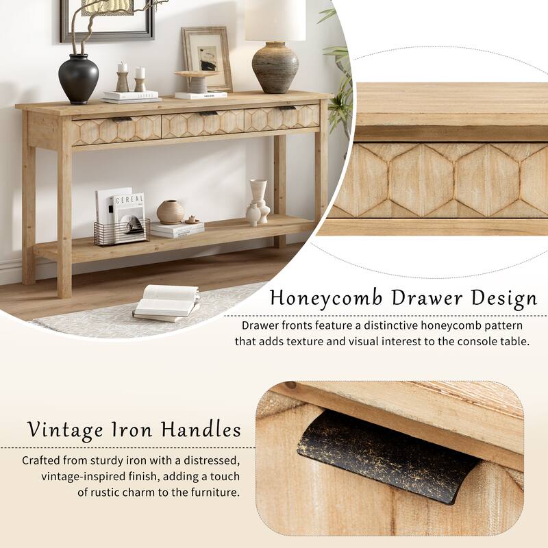 60'' Fir Veneer Console Table with Honeycomb-Patterned Drawers, 3 Storage Drawers and Open Shelf Entryway Table