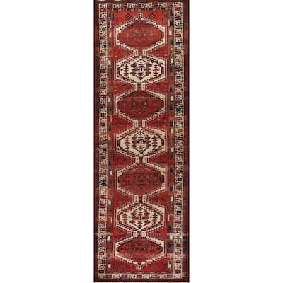 Geometric Ardebil Persian Vintage Runner Rug Handmade Red Wool Carpet - 3'9"x 13'10"