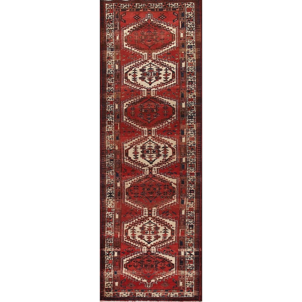 Geometric Ardebil Persian Vintage Runner Rug Handmade Red Wool Carpet - 3'9"x 13'10"