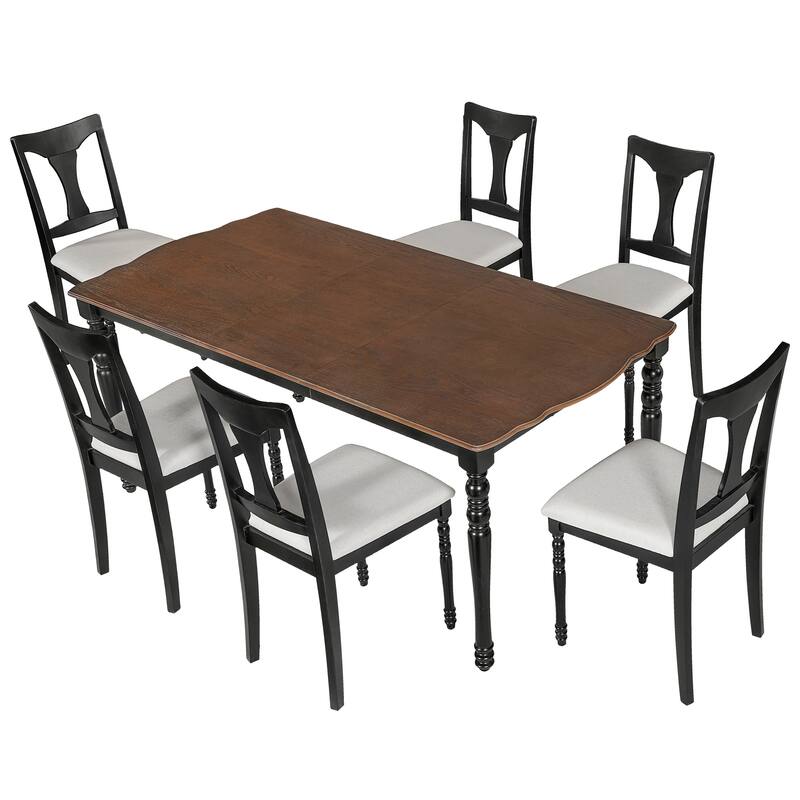 Roomfitters 7-Piece Extendable Dining Table Set, 60-78 Inch Farmhouse Wood Table with Leaf & 6 Upholstered Chairs