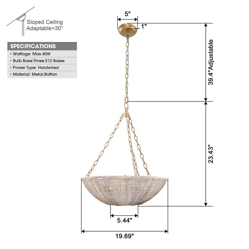 Beige Rattan 3-Light Coastal Woven Wicker Convertible Chandelier Light - 19.68" fixture width x 23.42" fixture height