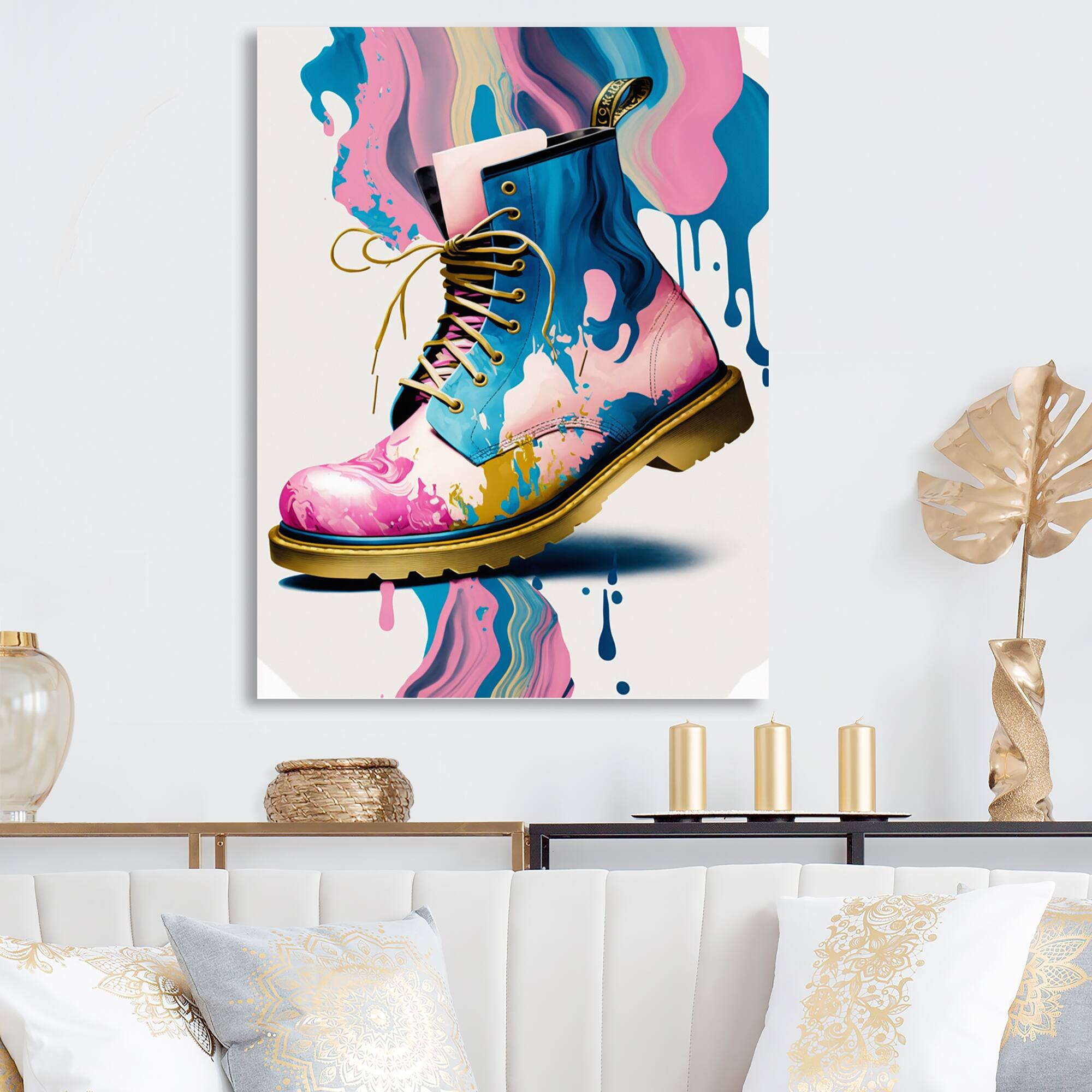 Designart 'Pink And Blue Art Deco Army Shoes II' Fashion Shoes Metal ...