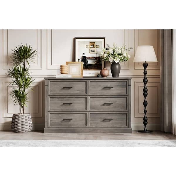 Modern Farmhouse Large Double Chest with Metal Handles Rustic Dresser for Living Room Hallway - Brown - 6-drawer