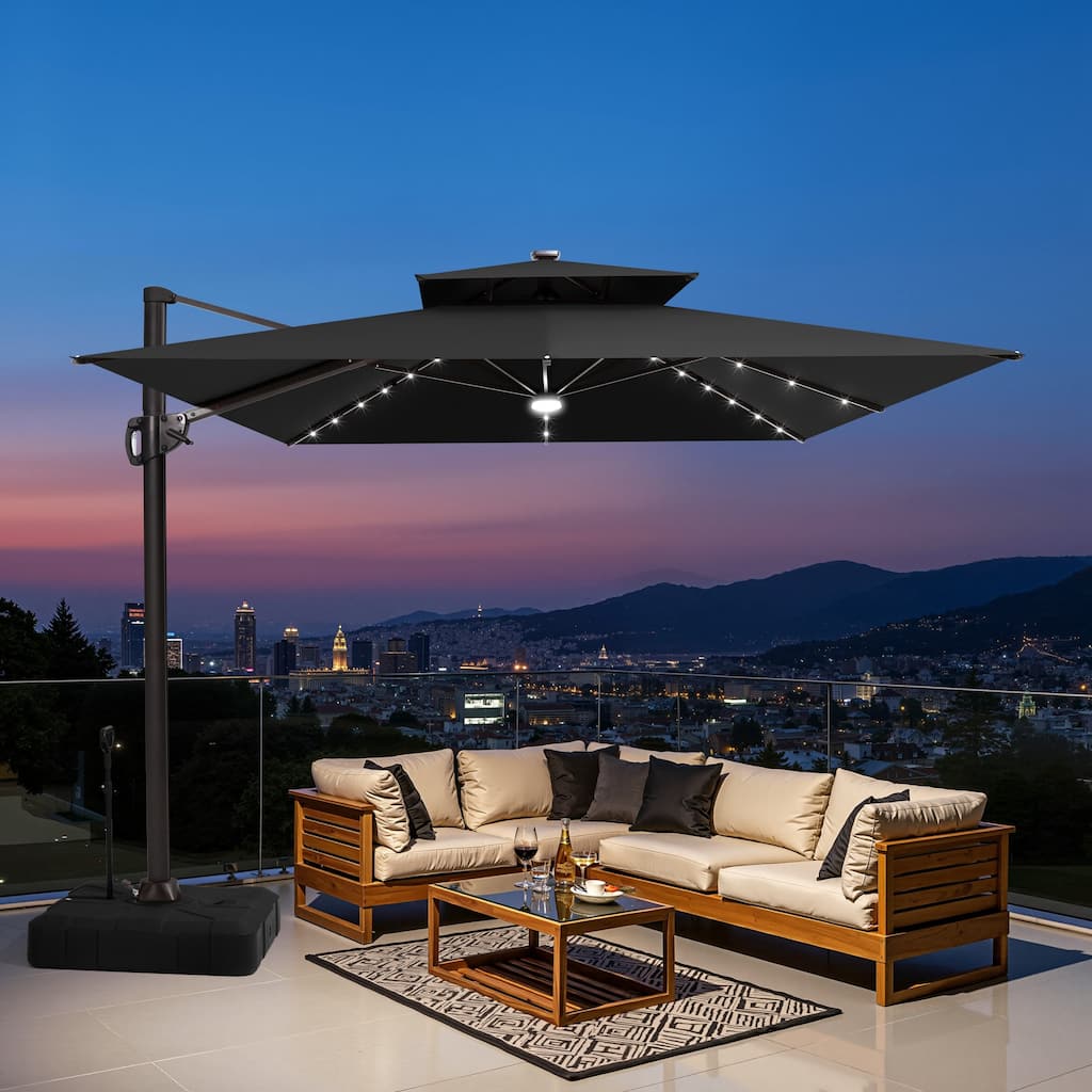 9 x 11 FT Outdoor Rectangular Solar LED Lights Double Top Patio Cantilever Offset Umbrella and Base with Wheels and Drag Rod