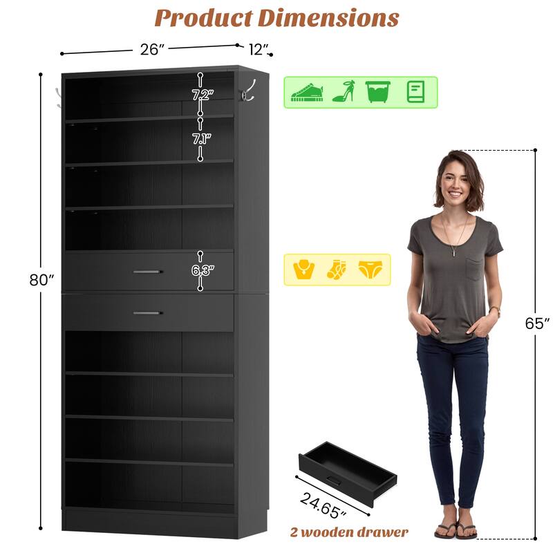 9-Tier Shoe Cabinet with 2 Drawers, Freestanding Closet Organizer with Adjustable Storage Shelves