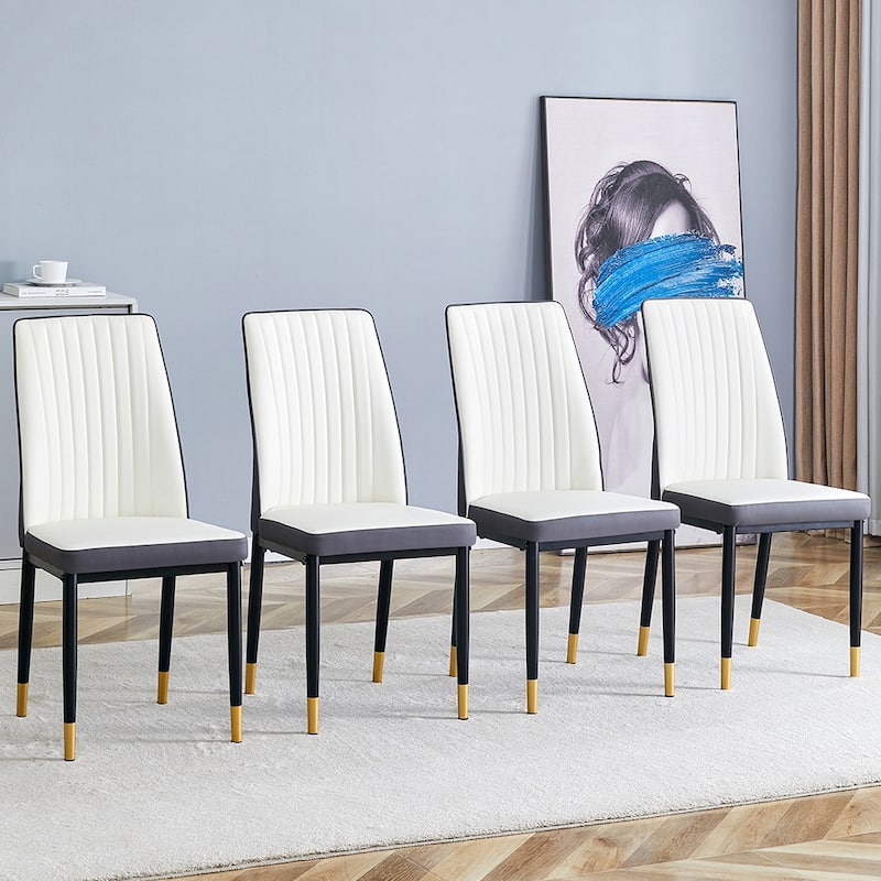 4 Dining Chair Set, White + Grey Dining Chair Set, High Back Seat in PU Material and Sturdy Black Leg Chair for Dining Room