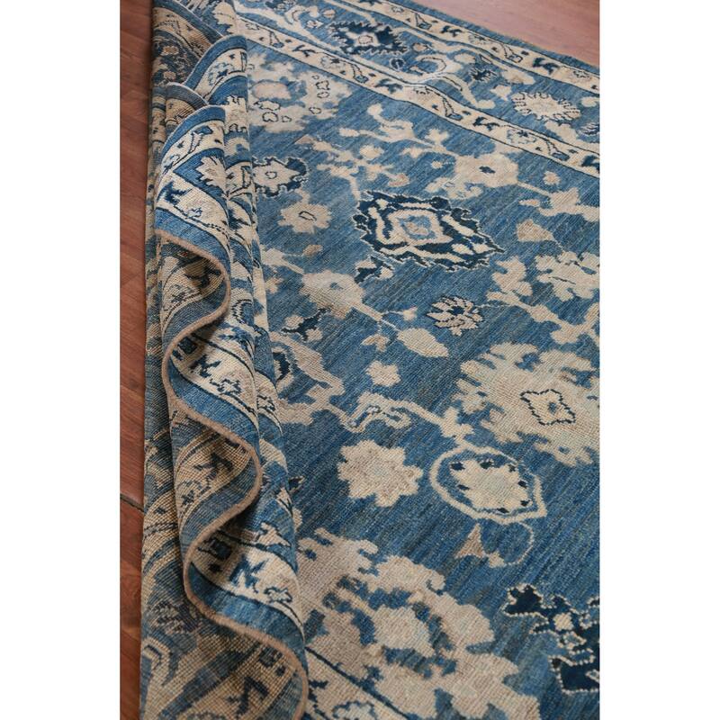Hand Knotted Oriental 100% Wool Carpet Transitional All-Over Navy Blue & Blues Oushak Area Rug - 9' 4'' X 6' 4''