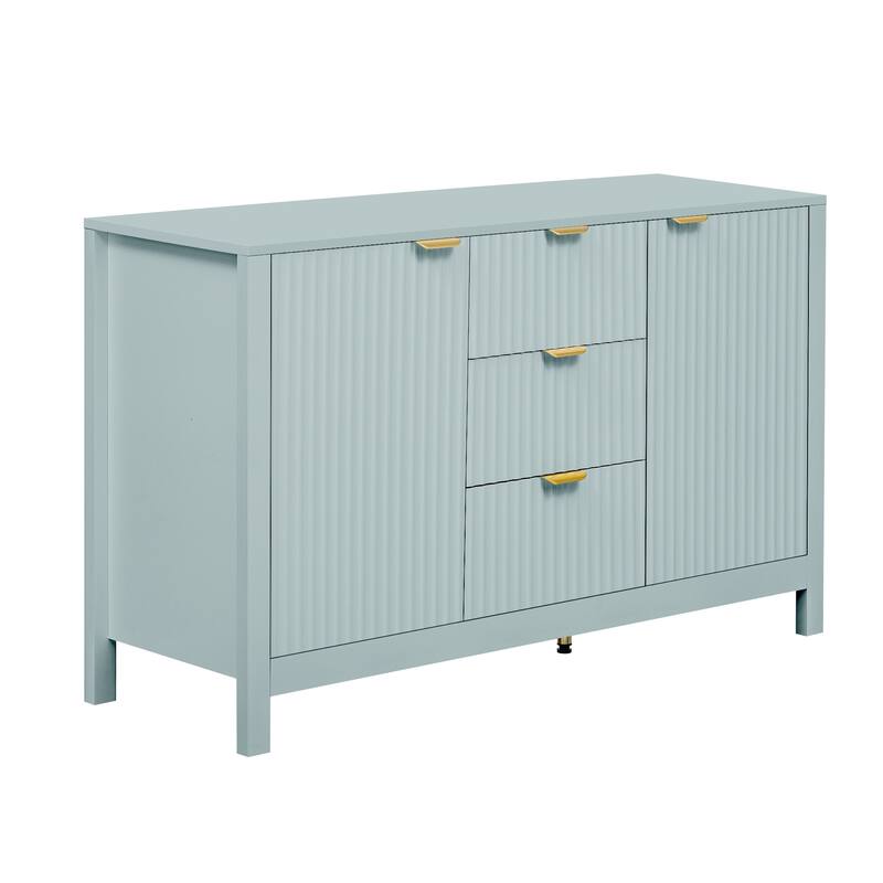 Roomfitters Sideboard Buffet Cabinet with 3 Drawers, Mid-century Modern Fluted Accent Storage for Kitchen & Dining, Cyan