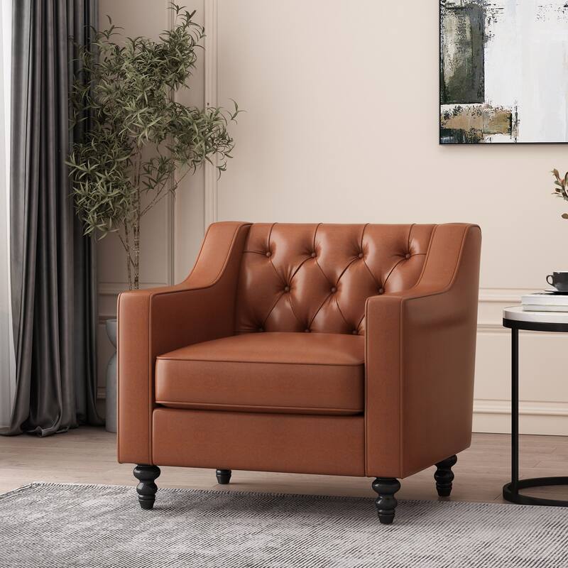 Faux Leather Club Chair Accent Chairs, Modern Upholstered Living Room Chair, Mid-Century Armchair with Tufted Back & Wood Legs