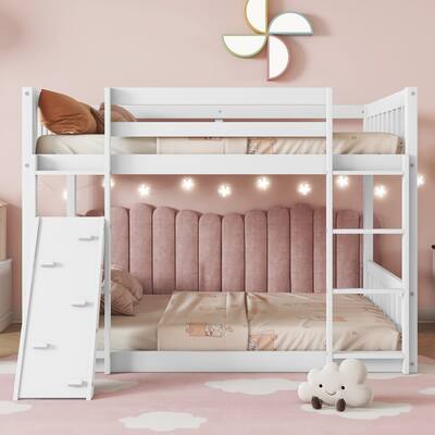 Twin Over Twin Floor Bunk Bed with Climbing Ramp and Ladder, White Playhouse Bunk Bed with Safety Guardrails