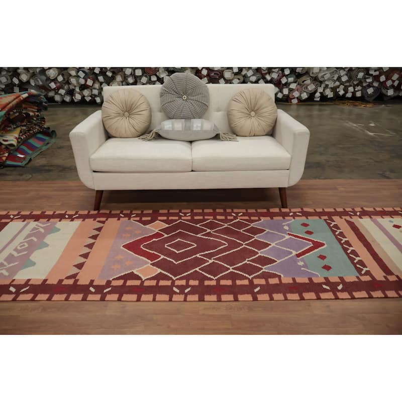 Hand Woven Oriental 100% Wool Carpet Southwestern Tribal Multi-Colored Kilim Runner Rug - 12' 10'' X 3' 2''