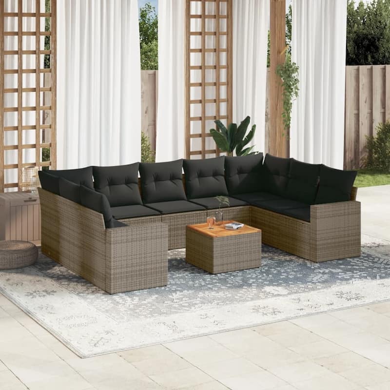 vidaXL Patio Sofa Set with Cushions Outdoor Furniture 10 Piece Poly Rattan - 21.7 x 21.7 x 14.6 - Gray 2xcorner + table + 5x middle