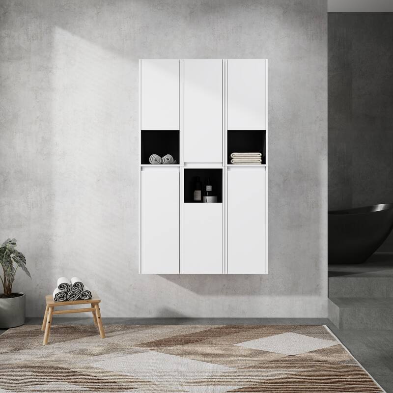 Modern Wall-Mounted Bathroom Side Cabinet with Soft-Close Doors, Floating Design, 6 Storage Compartments, 12-Inch Width