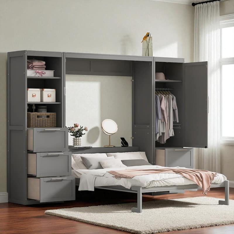 Queen Size Murphy Bed with Closet, Drawers and Shelves - Space Saving Wall Bed with Storage Cabinets