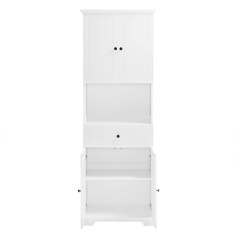 Roomfitters Tall Bathroom Cabinet with Four Doors, Upper Cabinet and Large Open Storage Shelves, White