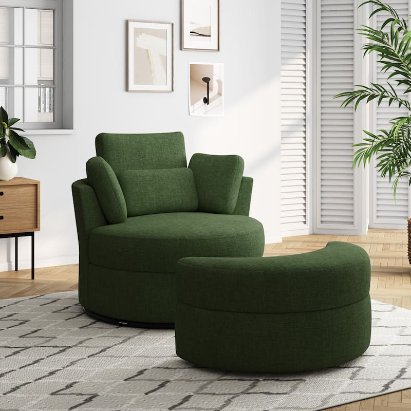 Upholstered Swivel Accent Chair with Wooden Tray Storage Ottoman - Chair & Ottoman Sets - GREEN/Chenille