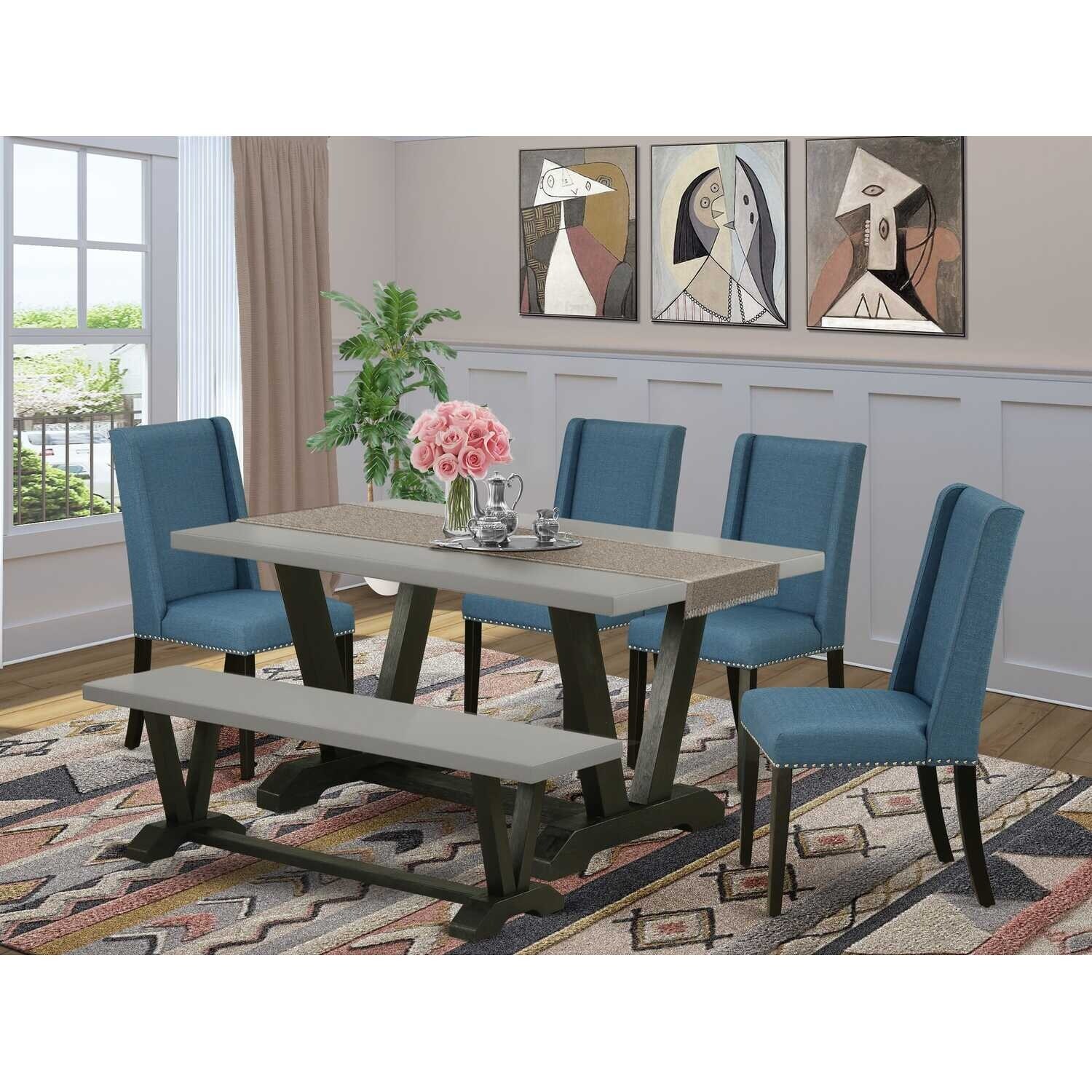 HomeStock 6-Piece Rectangle Natural Oak Finish Solid Wood Top Dining Table with 1-Bench, 4-Chairs