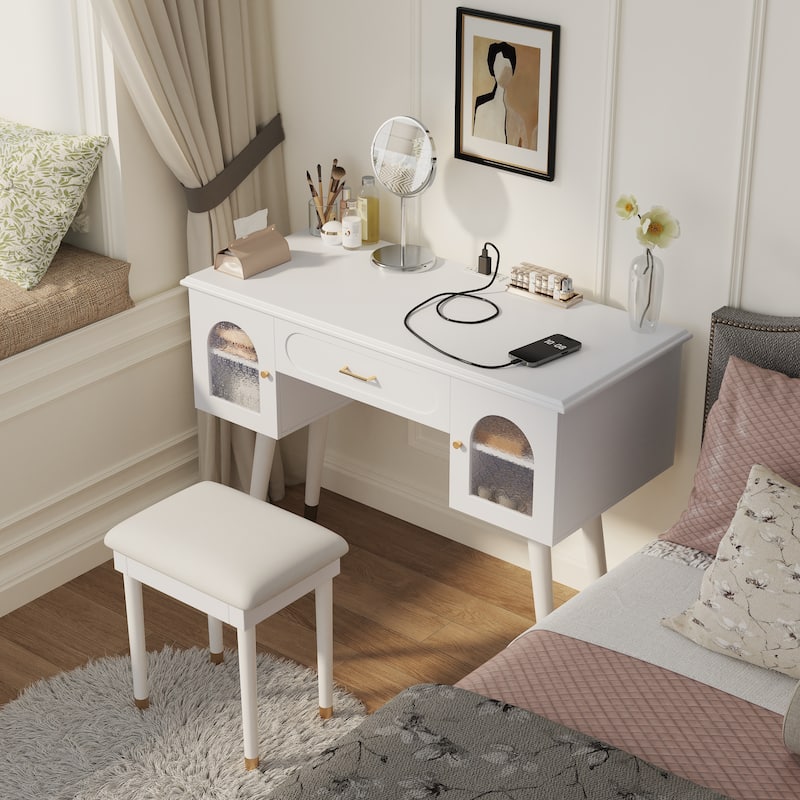 Elegant Vanity Makeup Table & Chair Set, Modern Dressing Table with Organizer, Writing Desk, Charging Port, White