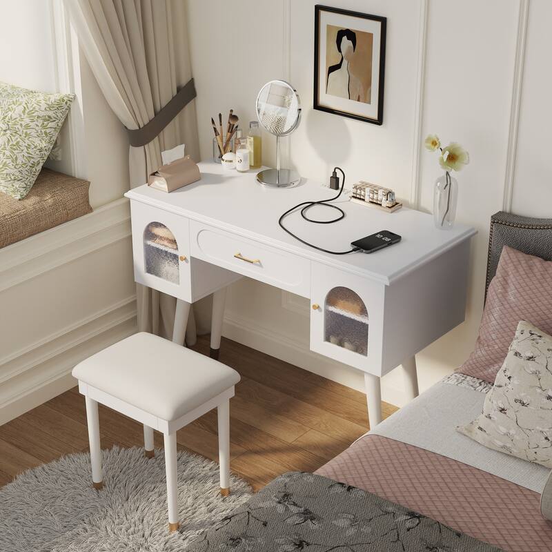 Elegant Vanity Makeup Table & Chair Set, Modern Dressing Table with Organizer, Writing Desk, Charging Port