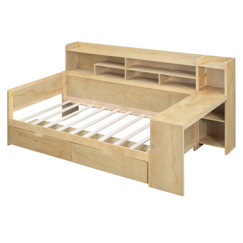Wooden Daybed with Storage Shelves, Multi-functional Bed with Two Storage Drawers and Study Desk