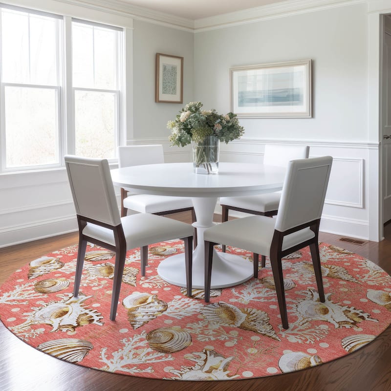 Premium Washable Super Soft Coastal Seashells Mayfield Rug - Peach - 8' x 8' - Round