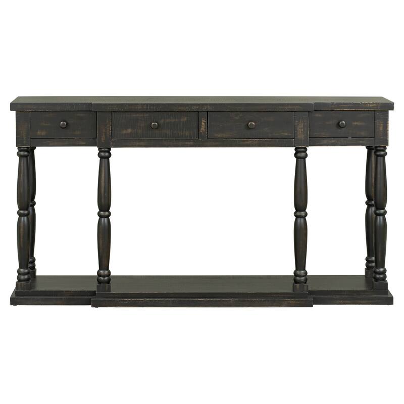 Long Wooden Console Table Hallway Tables with 4 Storage Drawers, Vintage Entryway Table with Open Storage Shelf
