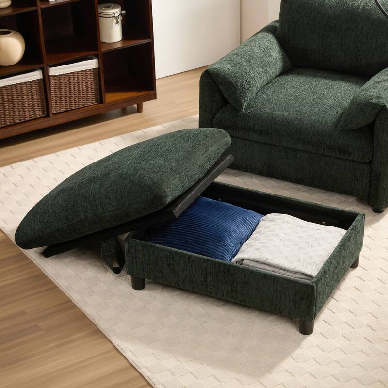 Single Sofa Chair and Storage Ottoman Sets, Chenille Accent Chair Wide Seat Chaise Lounge Couch with Phone Holder & USB Chargers