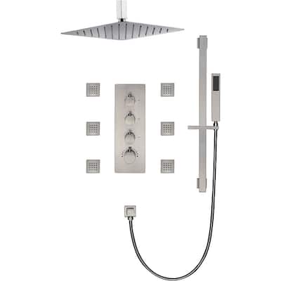 Brushed Nickel 16" Rainfall Shower X3 Thermostatic Faucet System w/ Slide Bar, 6 Jets - Brushed Nickel